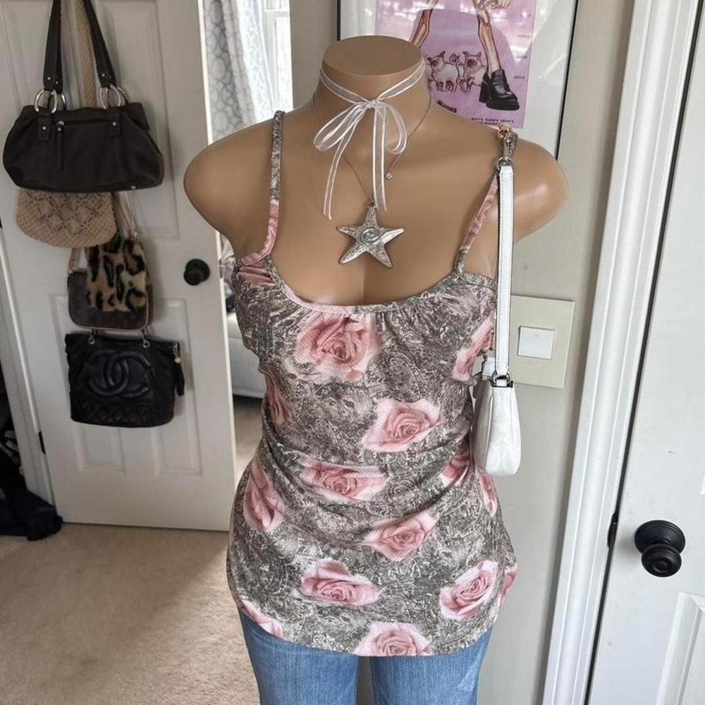 Y2K 2000s fairy Pink Rose Print Ruched Cami tank Top